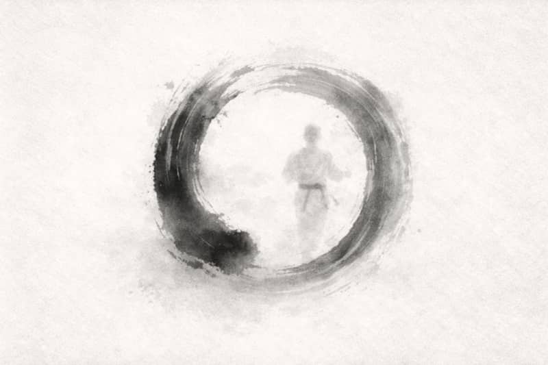 Illustration: Black-and-white image of a circular brush stroke with a karate practitioner in the center, symbolizing continuous development.